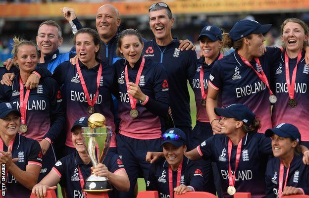 England players celebrate after winning the World Cup at Lord's in 2017