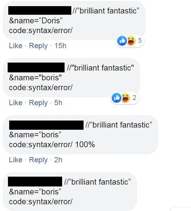 A number of nearly identical comments with odd punctuation and characters
