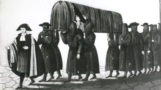 Ilustração de homens em Florença, Itália, carregando um paciente da peste