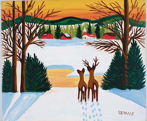 Painting of deer in winter by Maud Lewis.