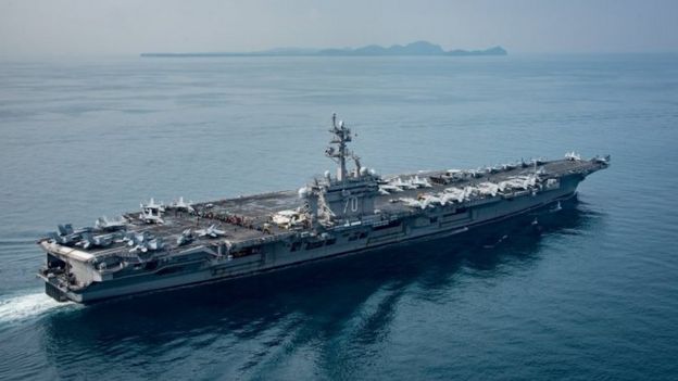 FILE PHOTO: The U.S. aircraft carrier USS Carl Vinson transits the Sunda Strait, Indonesia on April 15, 2017