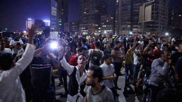 Protesters in Cairo's Tahrir Square after corruption allegations were made against President Fattah al-Sisi