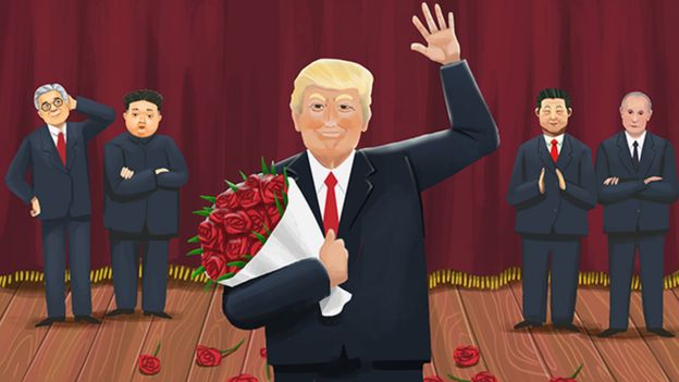 An ilustraion of US President Donald Trump stands on a stage holding a bunch of flowers and waving, while South Korean President Moon Jae-in. North Korean leader Kim Jong-un, Chinese President Xi Jinping and Russian President Vladimir Putin