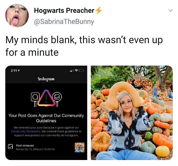 Instagram post of "sabrina the bunny" fully clothed posing with a pumpkin on her head and another screenshot of the post being banned by Instagram. Performers say that even posts such as these are consistently reported as inappropriate - and they have no idea why