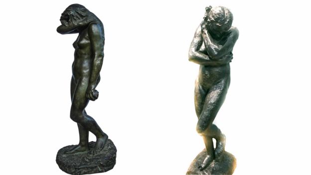 Bức tượng Eve của vua Hàm Nghi (trái) và bức tượng cùng tên của Rodin tại bảo tàng Cardiff (phải).