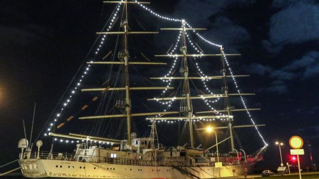 A ship with a Christmas tree made of LED lights on board the SV Dar Mlodziezy Poland