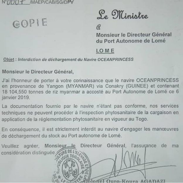 Une note du ministre de l'Agriculture adressée au directeur du port de Lomé