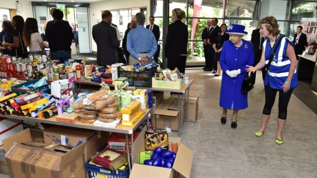 The Queen being shown food supplies