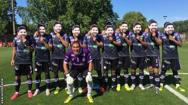 Sacachispas team photo wearing Lionel Messi masks