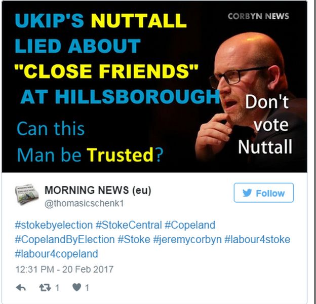 Tweeted image: "UKIP's Nuttall lied about 'close friends' at Hillsborough, can this man be trusted"