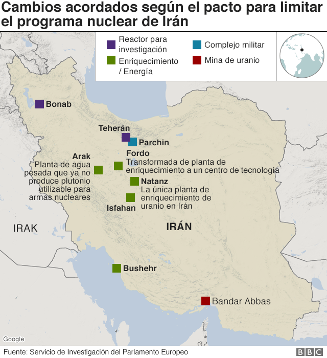 Mapa de instalaciones nucleares de Irán