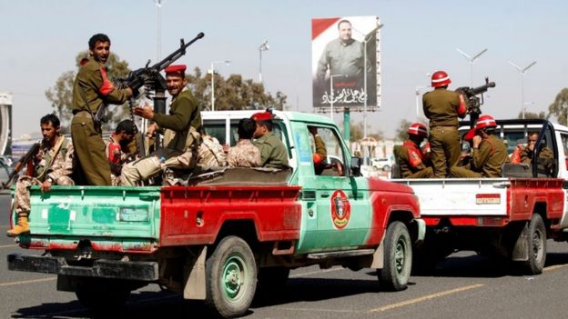 Members of the Yemeni Houthi rebels parade in the streets of the capital Sanaa on January 8