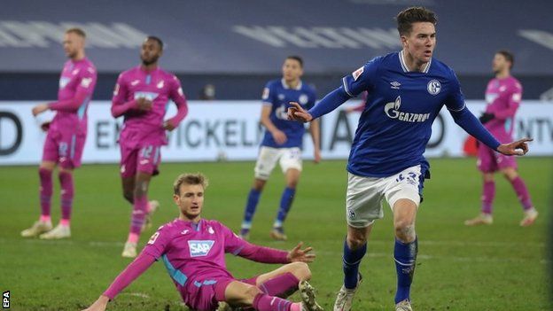 Matthew Hoppe celebrates scoring for Schalke against Hoffenheim