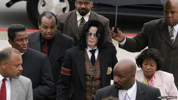 Michael Jackson surrounded by his family at the close of his trial in California on 2 June 2005