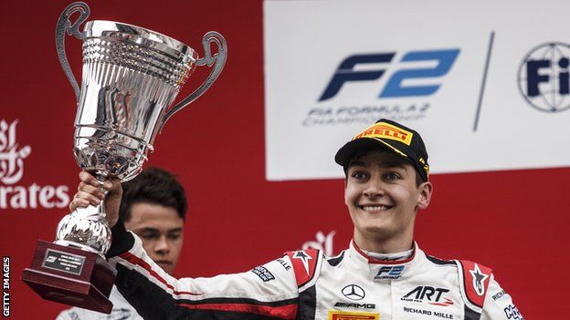 George Russell celebrates an F2 victory