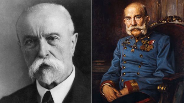 Tomas Masaryk, circa 1930, y Francisco José después del año 1900 (cortesía de Schloss Schönbrunn)