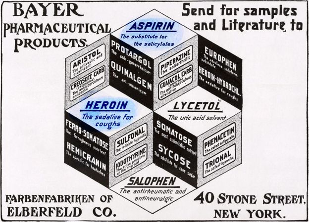 En la promoción de productos Bayer: "Aspirina, el substituto de los salicilatos"; "Heroína: el sedante para la tos".