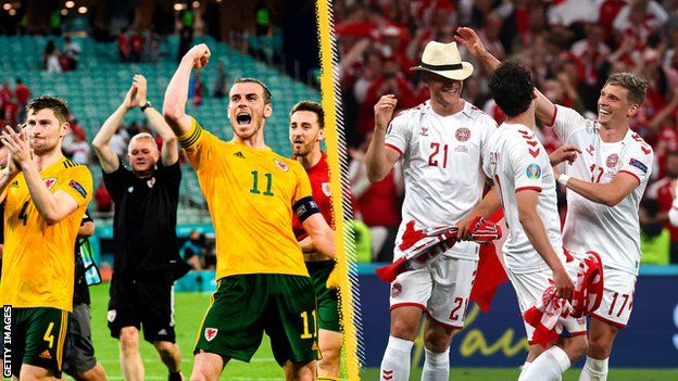 Wales (L) and Denmark players celebrate success at Euro 2020
