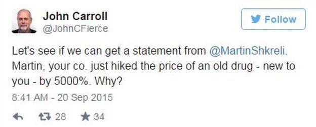 Tweet by John Carroll asking Martin Shkreli about drug prices