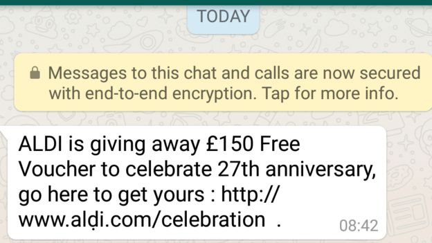 A screenshot from WhatsApp showing the scam which reads ALDI is giving away £150 Free Voucher to celebrate 27th anniversary