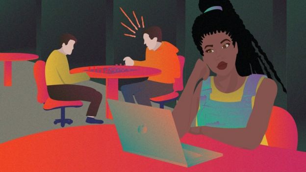 Men swearing while playing chess behind black woman