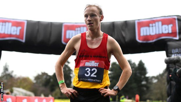British race walker Callum Wilkinson puts his hands on his hips after winning the 20km walk at the British Olympic trials outside the Olympic qualifying time