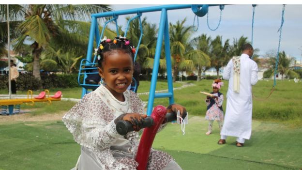 A child playing in a park in Mogadishu, Somalia in May 2020