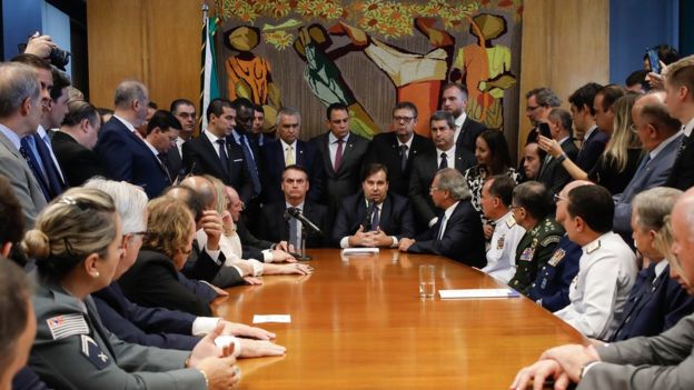 Jair Bolsonaro, Paulo Guedes e Rodrigo Maia em reunião em Brasília
