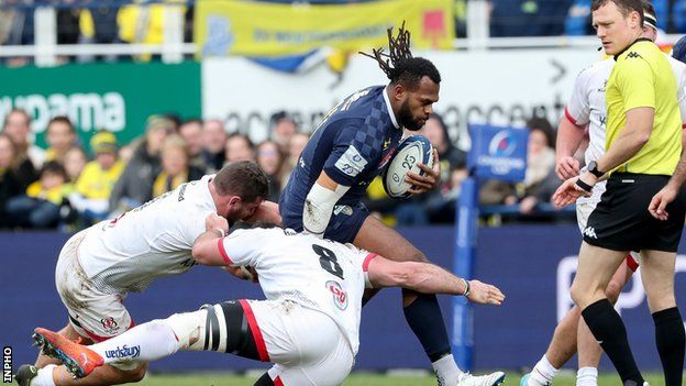 Alivereti Raka scores a Clermont try in the contest in France during the 2019-20 competition