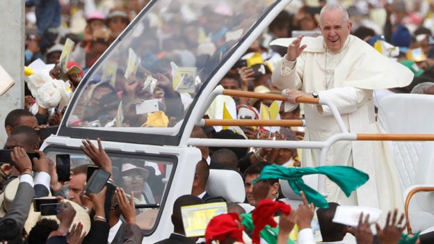 Pope waving at crowd in Madagascar