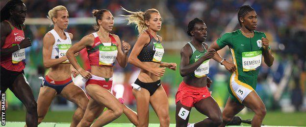 Kenya's Margaret Nyairera Wambui, Britain's Lynsey Sharp, Belarus' Maryna Arzamasava, Canada's Melissa Bishop, Burundi's Francine Niyonsaba, and South Africa's Caster Semenya compete in the Women's 800m Final during the athletics event at the Rio 2016 Olympic Games