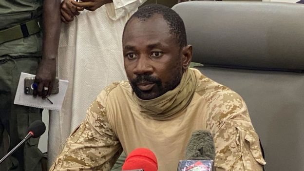 Colonel Assimi Goita speaks to the press at the Malian Ministry of Defence in Bamako, Mali, on August 19, 2020