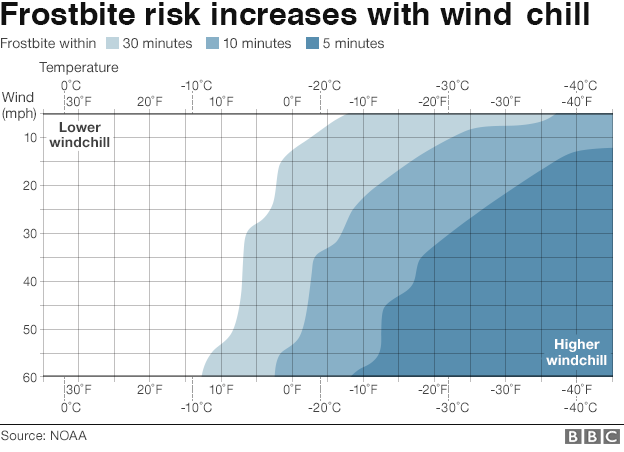 A graph showing the risk of frostbite increasing with wind chill