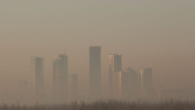 Buildings in Beijing's central business district shrouded in heavy smog