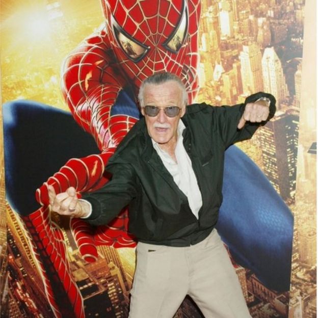 Lee poses with one of his best loved superheroes, Spider-Man, at the premiere of Spider-Man 2