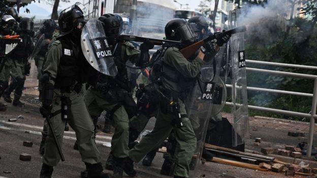 Police fire tear gas towards protesters at the Chinese University of Hong Kong (CUHK)