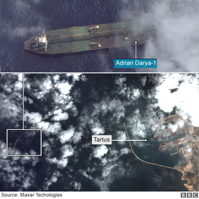Satellite images from Maxar technologies are composited to show the location of the vessel in the same satellite image as the port city of Tartus, Syria