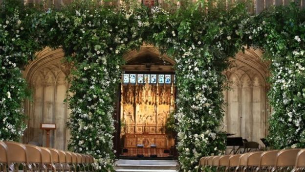 Flowers adorn the front of the organ loft inside St George"s Chapel at Windsor Castle