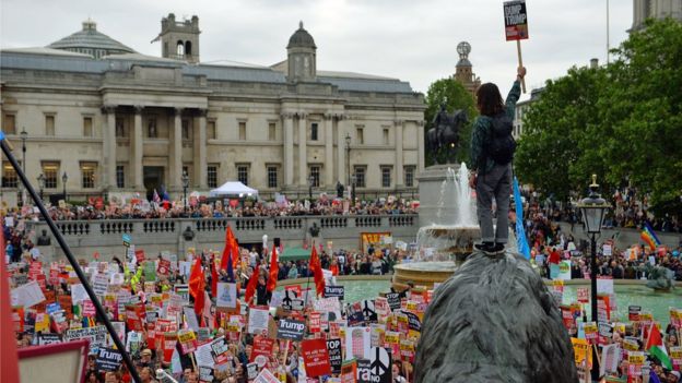 Protestors against Donald Trump in Trafalgar Square