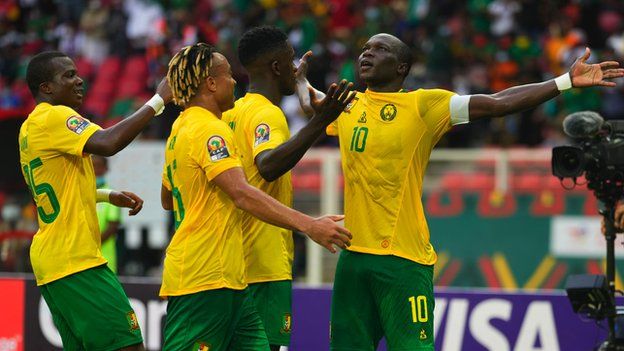 Vincent Aboubakar (right) celebrates his goal against Cape Verde with Cameroon team mates