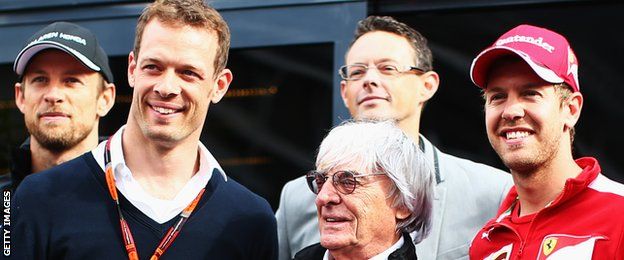 GPDA directors Jenson Button, Alex Wurz and Sebastian Vettel with Bernie Ecclestone