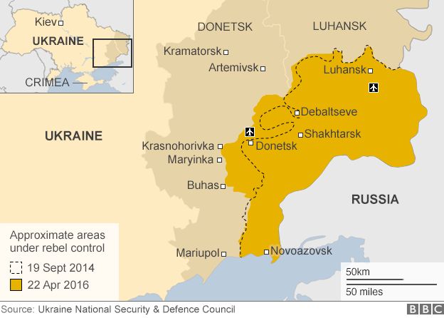 Ukraine map showing rebel-held areas, 22 Apr 16