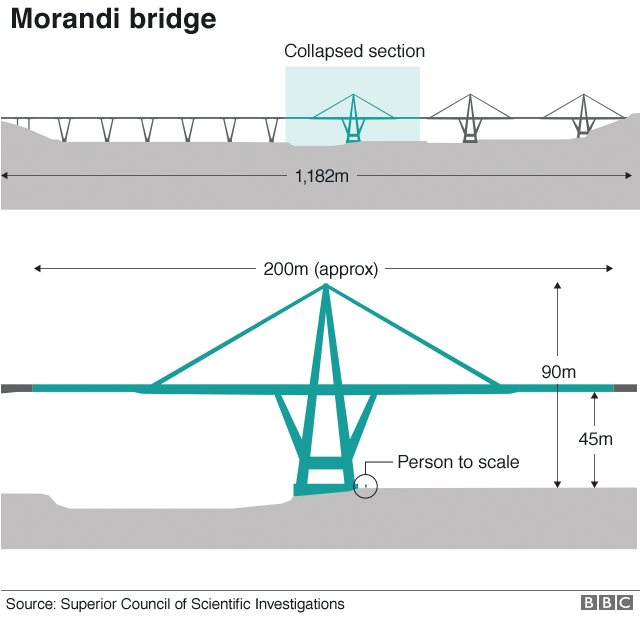 A BBC graphic showing the dimensions of the bridge and the section that broke