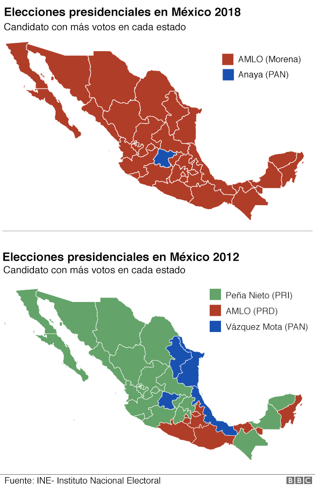 Mapa de resultados electorales en México.