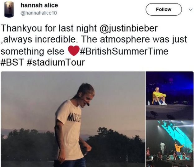 Hannah Alice's tweet with Justin Bieber pictures