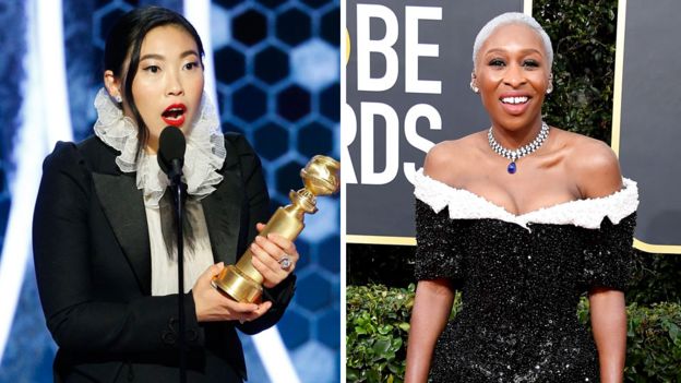 Awkwafina ganó un Golden Globe por "The Farewell", pero Cynthia Erivo (d) quien interpretó a una esclava convertida en abolicionista en "Harriet" no fue considerada para una nominación a los Bafta.