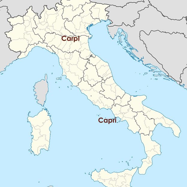 Mapa de Italia mostrando dónde quedan Capri y Carpi