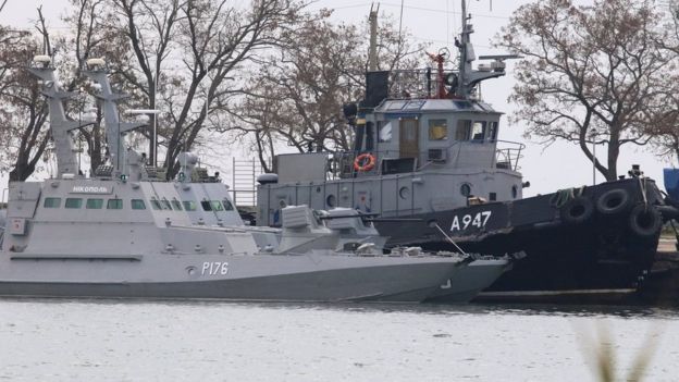 The seized Ukrainian ships anchored in a port in Kerch