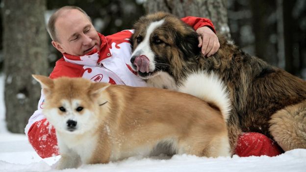 Vladimir Putin posa ao lado de seus dois cães