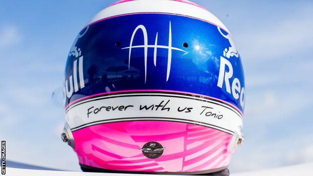 Toro Rosso driver Pierre Gasly's specially designed helmet for the Italian GP with a dedication to Anthoine Hubert, who died last weekend following a crash in the Formula 2 race at Spa-Francorchamps.